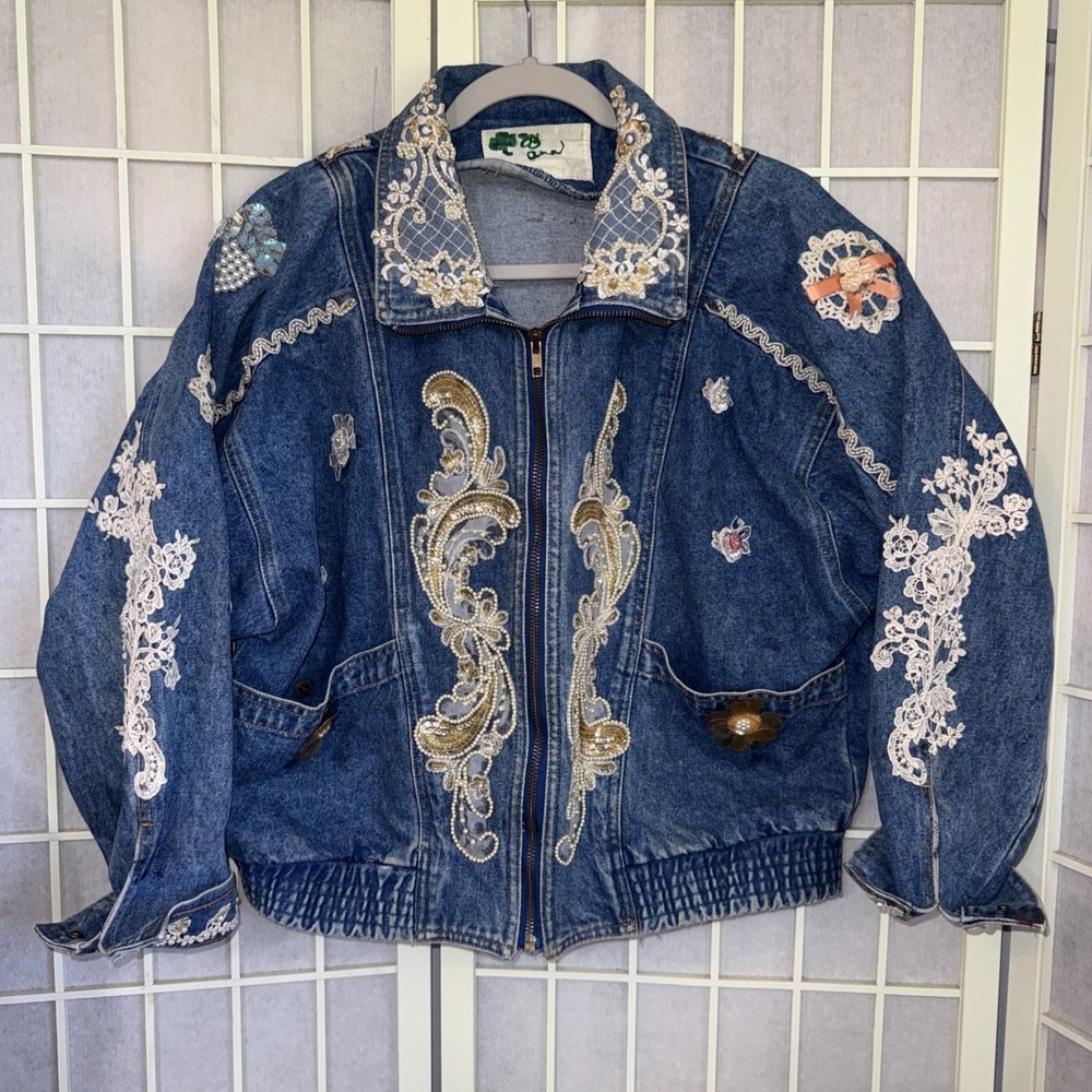 Vintage Fancy Blue Denim Jacket Embellished‎ Sequins and Studs Blue *NO SIZE*